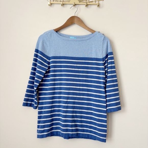 J. McLaughlin Striped Sweater Large Cotton Modal Blue Button - Picture 1 of 7